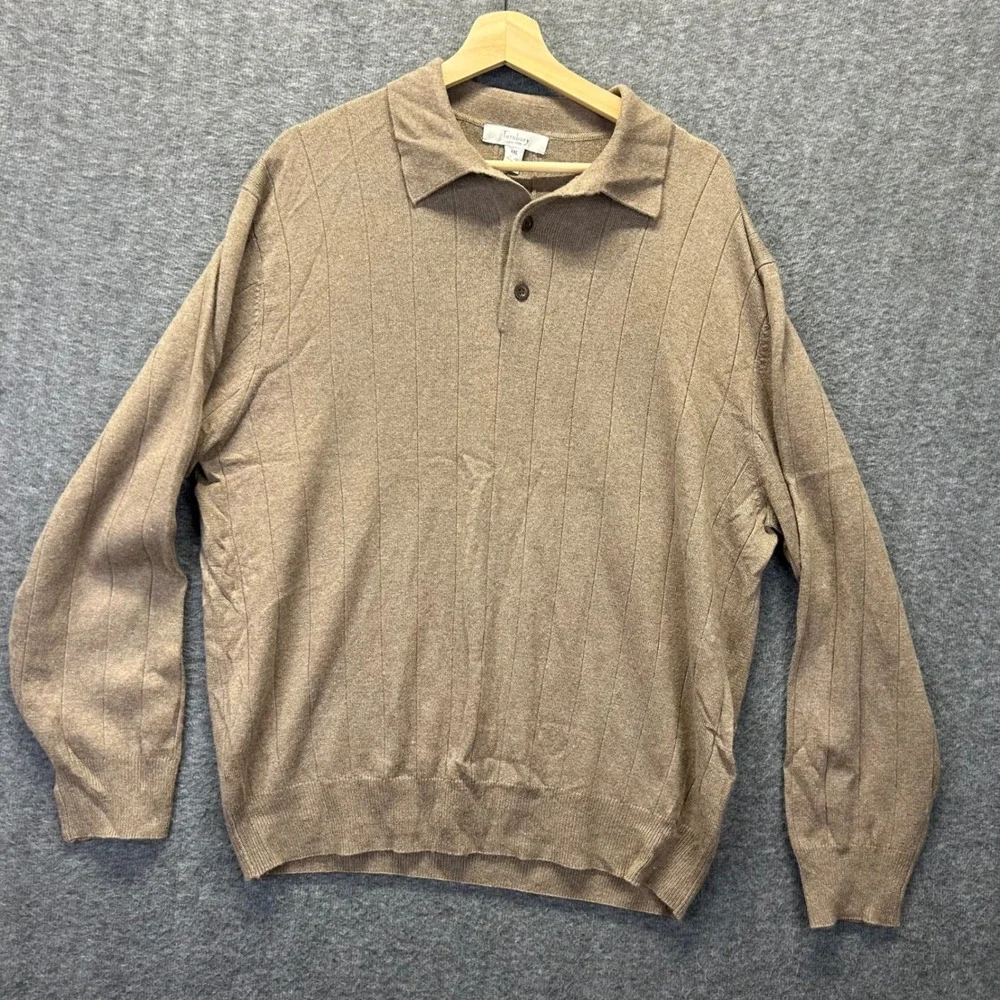Turnbury Mens XXL Silk Cashmere Ribbed Polo Sweater Tan Brown Long Sleeve XL